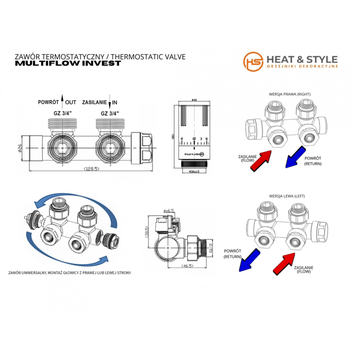 Zawór termostatyczny zespolony MULTIFLOW INVEST, czarny prawy
